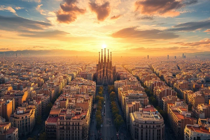 The Sagrada Familia spires silhouetted against a golden sunset over Barcelona's street grid
