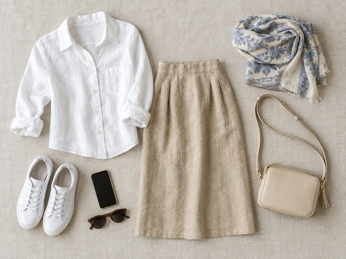 A modest summer outfit with a scarf, knee-length skirt and sneakers laid out flat