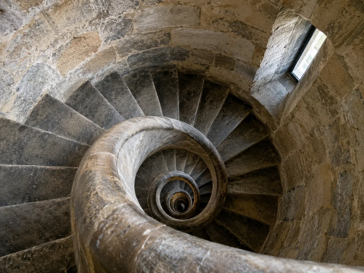 Looking down a narrow stone spiral staircase inside a tower